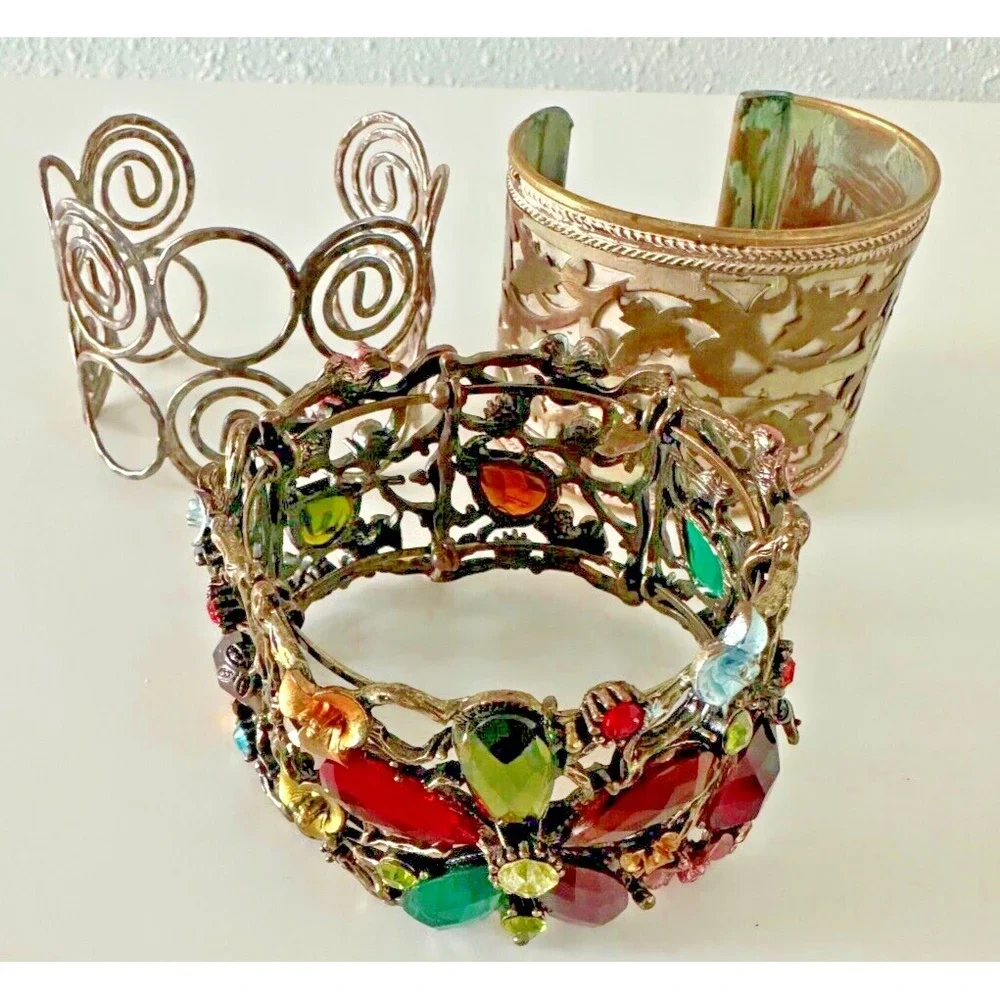 Wide Cuff Bracelet Lot Crystals Flower Swirls Rustic Hippie Set of 3 Statement